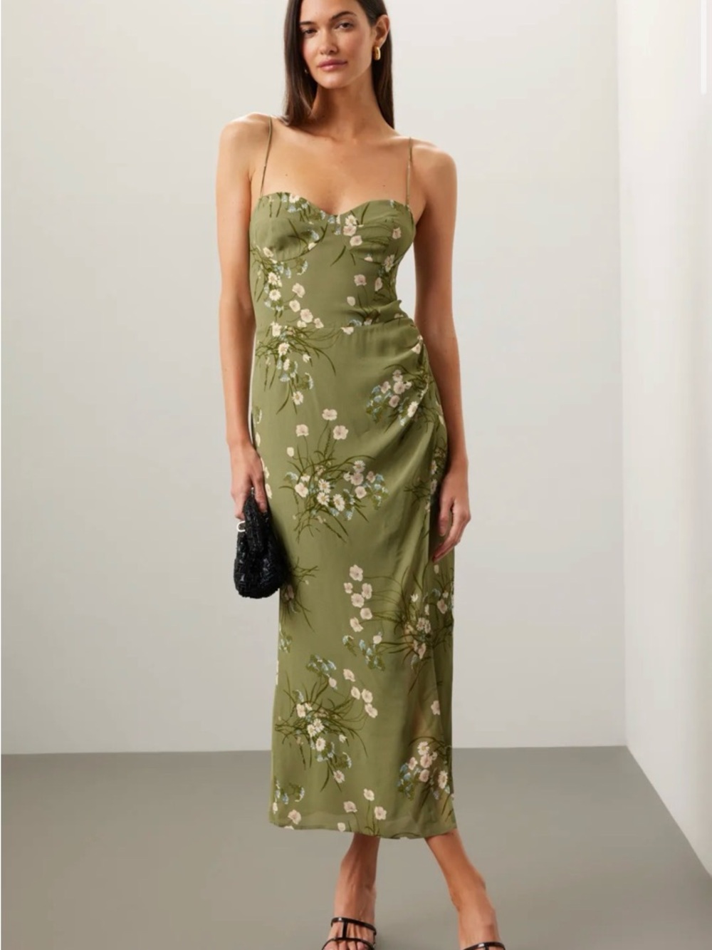 Olive Green Floral Slip Midi Dress